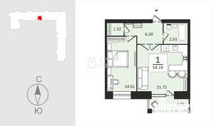 1-к квартира, вторичка, 54м2, 3/7 этаж
