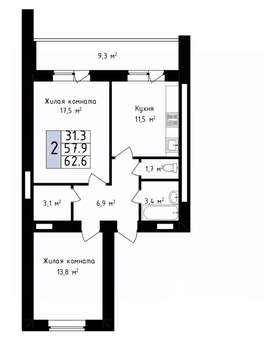 2-к квартира, вторичка, 63м2, 14/14 этаж