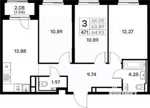 3-к квартира, вторичка, 65м2, 4/17 этаж