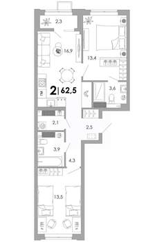 2-к квартира, вторичка, 63м2, 12/16 этаж