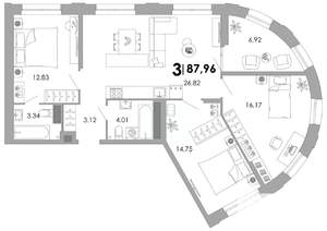 3-к квартира, вторичка, 88м2, 3/17 этаж