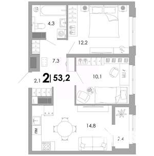 2-к квартира, строящийся дом, 53м2, 7/16 этаж