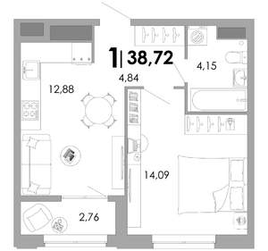 1-к квартира, вторичка, 39м2, 12/17 этаж