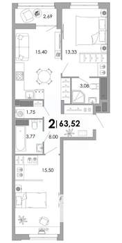 2-к квартира, вторичка, 64м2, 13/17 этаж