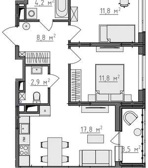 2-к квартира, вторичка, 59м2, 7/9 этаж