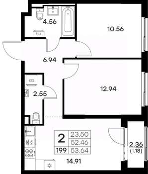 2-к квартира, вторичка, 54м2, 2/17 этаж