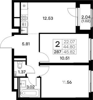 2-к квартира, вторичка, 46м2, 9/17 этаж