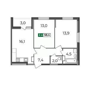 2-к квартира, строящийся дом, 58м2, 14/17 этаж