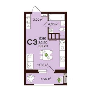 Студия квартира, строящийся дом, 30м2, 13/17 этаж