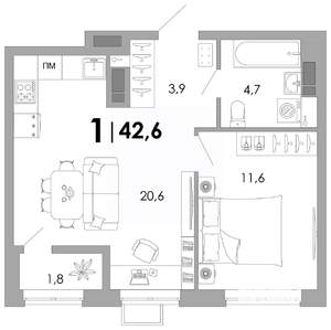 1-к квартира, вторичка, 43м2, 6/16 этаж