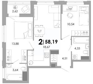 2-к квартира, вторичка, 58м2, 3/17 этаж