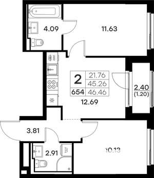 2-к квартира, вторичка, 46м2, 7/17 этаж