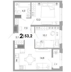2-к квартира, вторичка, 53м2, 3/16 этаж