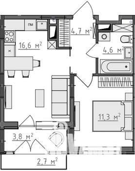 1-к квартира, вторичка, 40м2, 5/9 этаж