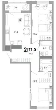 2-к квартира, вторичка, 71м2, 10/17 этаж