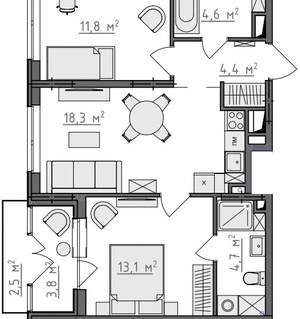2-к квартира, вторичка, 60м2, 3/9 этаж