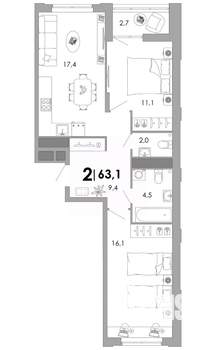 2-к квартира, вторичка, 63м2, 4/17 этаж