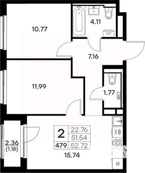 2-к квартира, вторичка, 53м2, 4/17 этаж