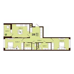 2-к квартира, строящийся дом, 77м2, 9/17 этаж