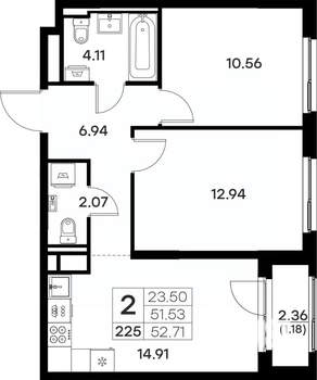 2-к квартира, вторичка, 53м2, 4/17 этаж