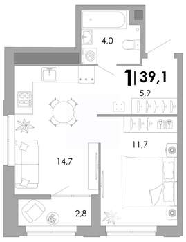 1-к квартира, строящийся дом, 39м2, 14/17 этаж