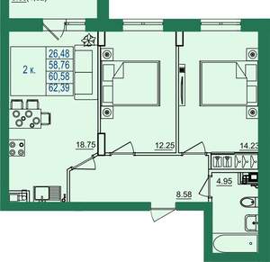 2-к квартира, вторичка, 61м2, 1/8 этаж