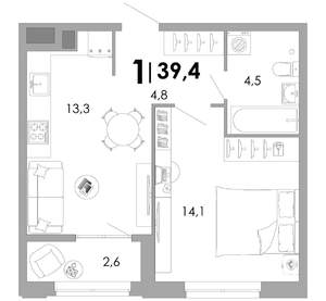 1-к квартира, строящийся дом, 39м2, 2/17 этаж