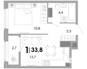 1-к квартира, строящийся дом, 34м2, 4/17 этаж