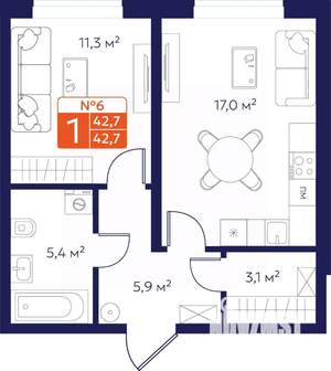 1-к квартира, вторичка, 43м2, 1/9 этаж