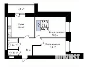 2-к квартира, вторичка, 64м2, 5/14 этаж