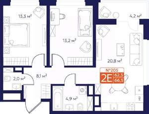 2-к квартира, вторичка, 64м2, 6/9 этаж