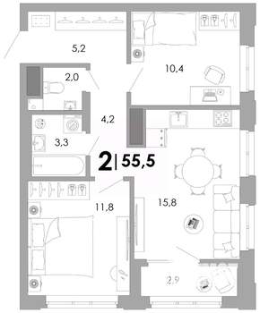 2-к квартира, вторичка, 56м2, 3/17 этаж