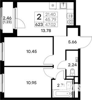 2-к квартира, вторичка, 47м2, 5/17 этаж