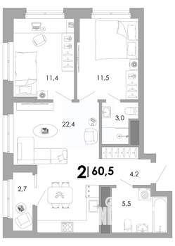 2-к квартира, вторичка, 61м2, 6/17 этаж