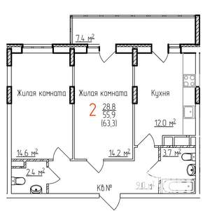2-к квартира, вторичка, 63м2, 5/17 этаж