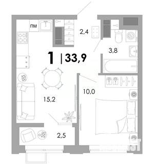 1-к квартира, вторичка, 34м2, 3/16 этаж
