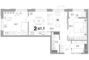 2-к квартира, вторичка, 61м2, 3/16 этаж