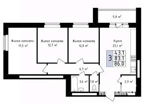 3-к квартира, вторичка, 86м2, 12/14 этаж