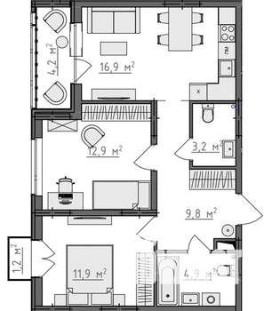 2-к квартира, вторичка, 62м2, 2/9 этаж