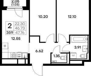 2-к квартира, вторичка, 48м2, 4/17 этаж