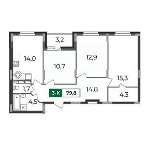 3-к квартира, строящийся дом, 80м2, 10/17 этаж