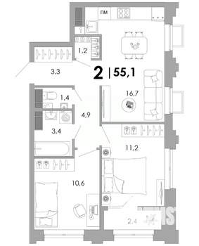 2-к квартира, вторичка, 55м2, 3/16 этаж