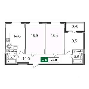 3-к квартира, строящийся дом, 79м2, 11/17 этаж