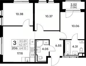 3-к квартира, вторичка, 64м2, 2/17 этаж