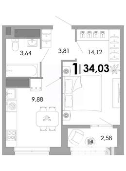 1-к квартира, вторичка, 34м2, 6/17 этаж