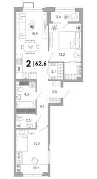 2-к квартира, вторичка, 63м2, 6/16 этаж