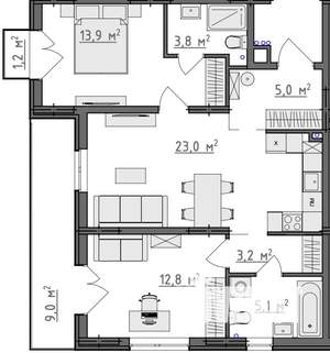 2-к квартира, вторичка, 72м2, 1/9 этаж