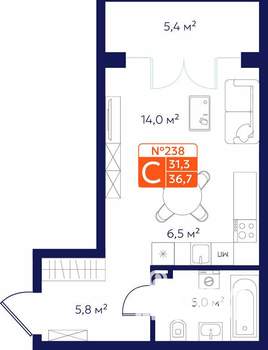 Студия квартира, вторичка, 34м2, 1/9 этаж