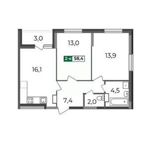 2-к квартира, строящийся дом, 58м2, 13/17 этаж