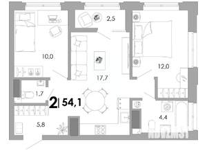 2-к квартира, вторичка, 54м2, 7/17 этаж